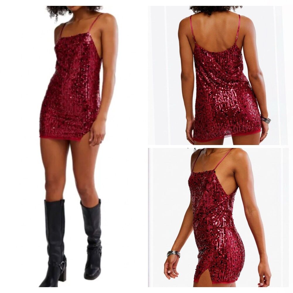 New Free People Midnight Kiss All over Sequin Mini Slip Red Dress Adjustable